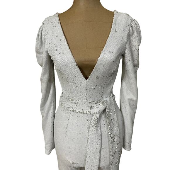 Dress the Population Jumpsuit White & Silver Sequin Long Sleeve - Picture 6 of 12